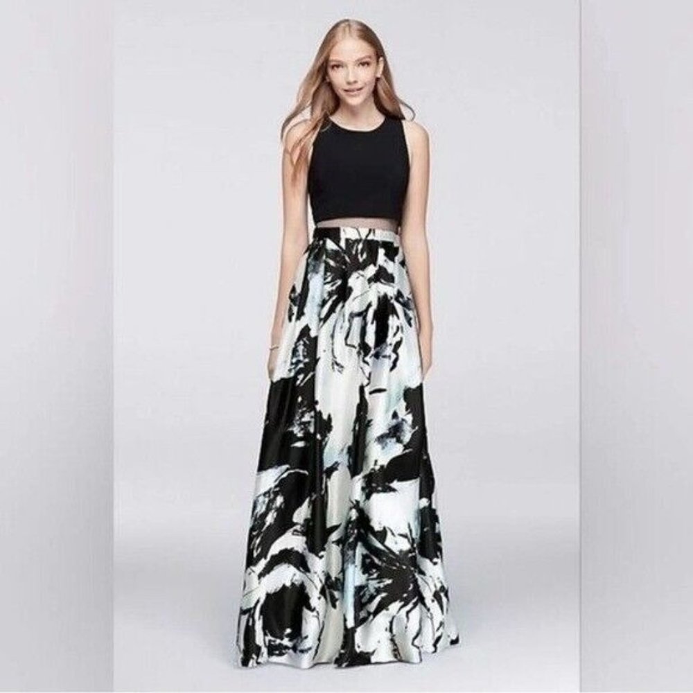Betsy & Adam Illusion Floral-Print Gown Size 14 Black, White, Blue Green